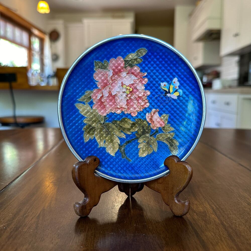 Antique Silver Ginbari Cloisonne Plate Blue Coral Peony Flower Butterfly w Stand - Picture 13 of 13